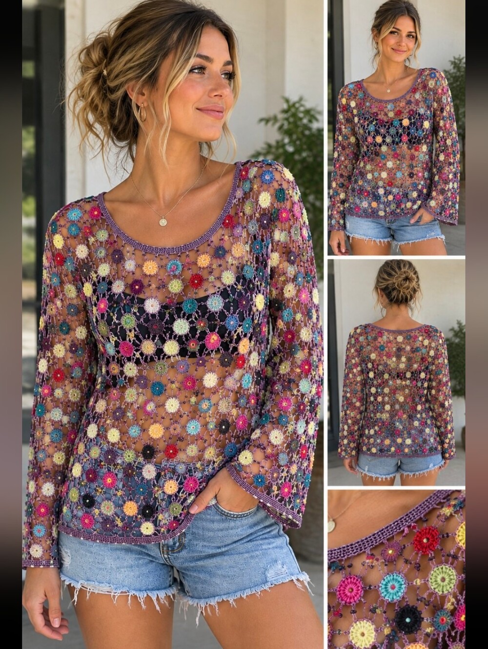 Debbie Shuchat Designer Crochet Mesh Boho Top Size Small